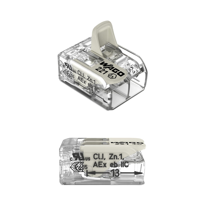 221-682 | WAGO 221 Series Lever-Nuts® for Hazardous Locations | 2-Conductor Splicing Connector | 20 – 10 AWG | Transparent housing, White Operating levers | [Box of 50 Pieces] Box