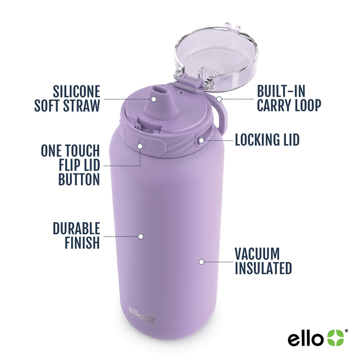 Ello Cooper 32oz Stainless Steel Water Bottle with Straw and Carry Handle, Double Walled and Vacuum Insulated Metal, Leak Proof Locking Lid with Soft Silicone Spout, Reusbale, BPA Free, Lilac