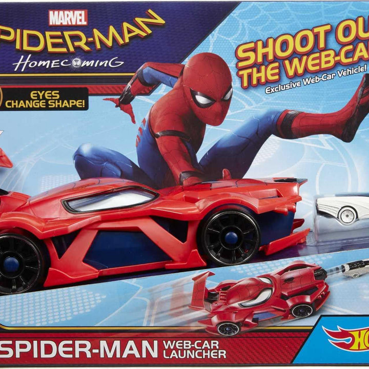 Hot Wheels Marvel Spider-Man Web-Car Launcher with Movement-Activated Eyes & 1:64 Scale Toy Character Car (Exclusive)