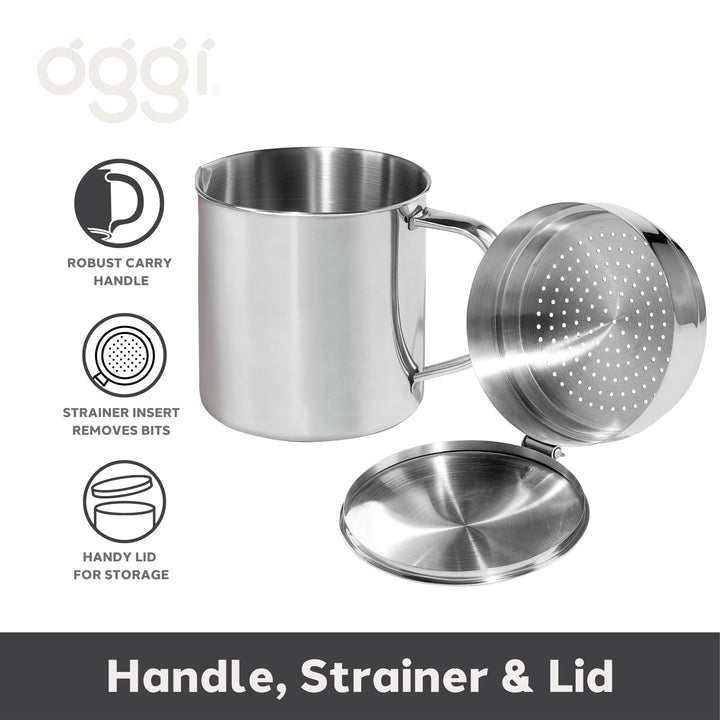 OGGI Stainless Steel Grease Container with Handle, Removable Strainer and Flip Top Lid. Perfect container for fryer oil, bacon drippings, lard and ghee oil. Can capacity - 0.25 Gall / 1 Qt / 0.95 Lt 1 Quart