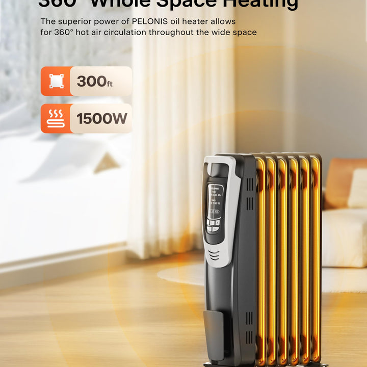 PELONIS Oil Filled Radiator, Electric Space Heater for Indoor Use Large Room with Thermostat & Remote, 3 Modes & 3 Heat Settings, ECO Mode, 24H Timer, Quiet, Overheat & Tip-Over Protection, 1500W Premium with LED Display Black