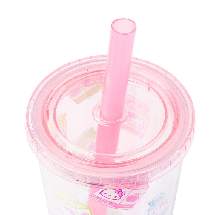 Silver Buffalo Sanrio Hello Kitty Milk Carton Pattern Plastic Boba Tumbler w Lid and Wide Straw, 24 Ounces