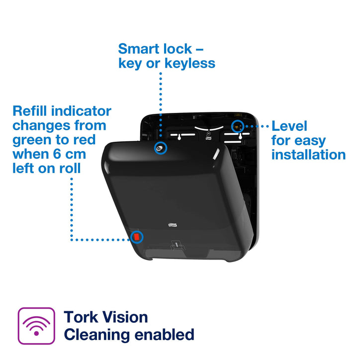 Tork Matic Paper Hand Towel Roll White H1, 6 Rolls x 700 ft, 290089 & Tork Matic Hand Towel Roll Dispenser, Black, Elevation, H1, One-at-a-Time dispensing with Refill Level Indicator, 5510282 7 Piece Set Advanced Hand Towel + Dispenser, Black