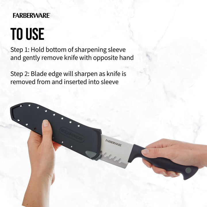 Farberware Edgekeeper 7-Inch Santoku Knife with Self-Sharpening Blade Cover, High Carbon-Stainless Steel Kitchen Knife with Ergonomic Handle, Razor-Sharp Knife, Black