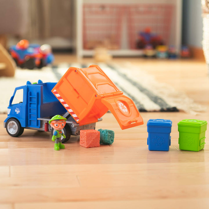 Blippi Recycling Truck - Includes Character Figure, Working Lever, 2 Trash Cubes, 2 Recycling Bins - Sing Along with Popular Catchphrases - Educational Toys for Kids - Exclusive