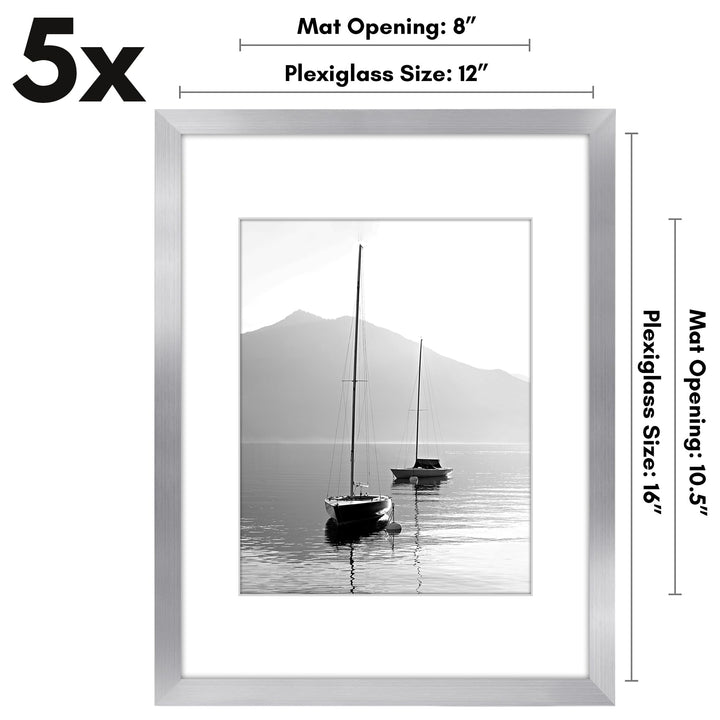 Americanflat 12x16 Picture Frame with Polished Plexiglass - Set of 5 - Use as 8.5x11 Frame with Mat or 12x16 Frame Without Mat - Galleria Collection - Gallery Wall Frame Set for Wall Display - White