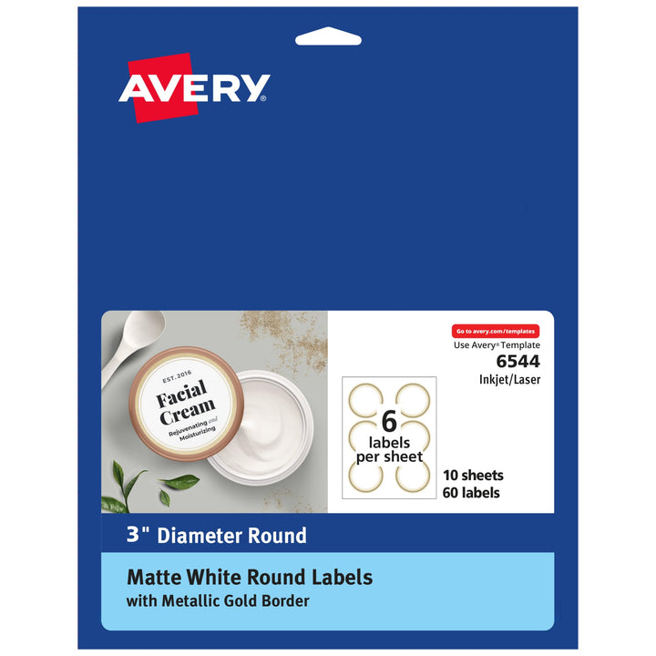 Avery Matte White Labels with Metallic Gold Borders, 3" Round Labels, 60 Total, Laser/Inkjet Printable Labels (6544)