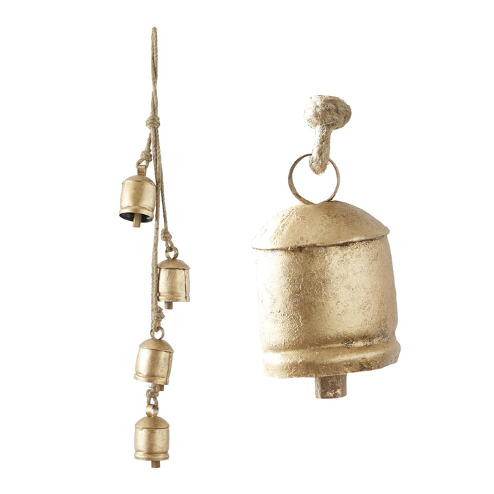 Deco 79 Gold Metal Tibetan Inspired String Hanging Decorative Bells with Jute Hanging Rope 4" x 8" x 52" - Cone 52" x 4" x 8"