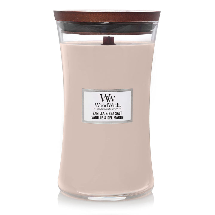 WoodWick Large Hourglass Candle, Vanilla Sea Salt - Premium Soy Blend Wax, Pluswick Innovation Wood Wick, Made in USA Vanilla & Sea Salt