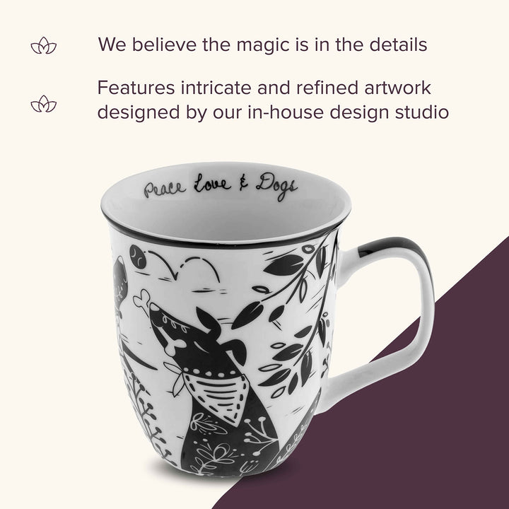 Karma Gifts 16 oz Black and White Boho Mug Dog - Cute Coffee and Tea Mug - Ceramic Coffee Mugs for Women and Men 16 Ounces