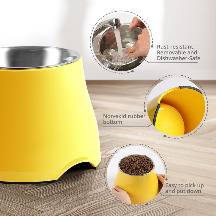 Fluffydream Elevated Dog Bowls,[Prevention of Vertebrae Disease] Non-Slip Dog Bowl with Stainless Steel Bowl,High Capacity Dog Food Bowls,Colorful Raised Dog Bowls for Medium/Small Size Dogs M (540ML / 2 Cups) LemonYellow