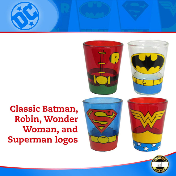 Silver Buffalo DC Comics Superhero Uniforms Mini Glass Set, 1.5-Ounce