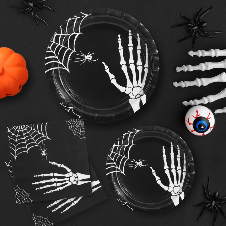 215 Pcs Halloween Plates and Napkins Set Serve 25, Halloween Skull Hand Bone Disposable Tableware Set, Halloween Decorations Includes Plates, Cups, Napkins, Halloween Tableware