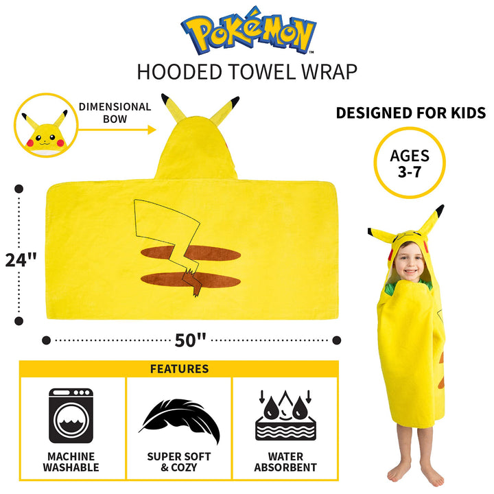 Pokemon Pikachu Bath/Pool/Beach Soft Cotton Terry Hooded Towel Wrap, 24" x 50", By Franco Kids Pokemon Pikachu 24 in x 50 in