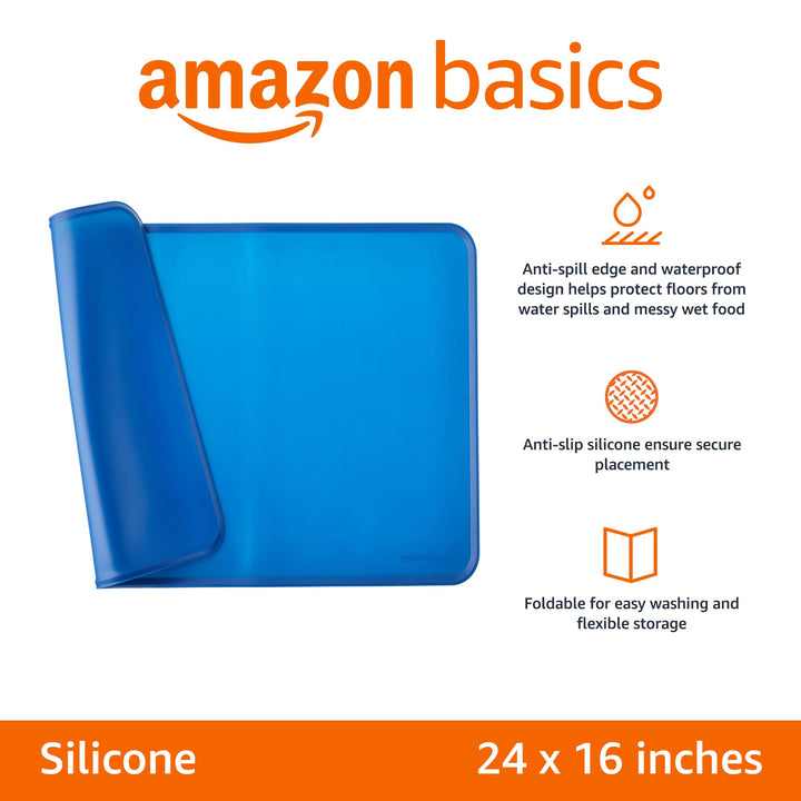 Basics Waterproof Anti-Slip Silicone Pet Food and Water Bowl Mat, 24 x 16 Inches, Solid, Blue 24" x 16"