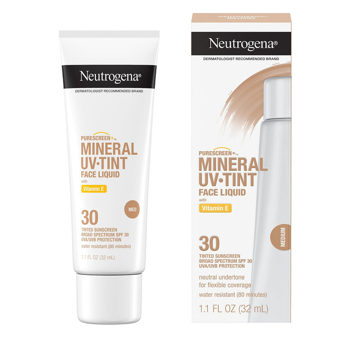 Neutrogena Purescreen+ Tinted Sunscreen for Face with SPF 30, Broad Spectrum Mineral Sunscreen with Zinc Oxide and Vitamin E, Water Resistant, Fragrance Free, Medium, 1.1 fl oz