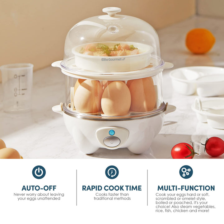 Elite Gourmet EGC1405W 2-Tiered Rapid Egg Cooker, 5-Egg Poacher, Omelets, Soft, Medium, Hard-Boiled Eggs with Auto Shut-Off and Buzzer, BPA Free, 14 eggs, White 14 Egg