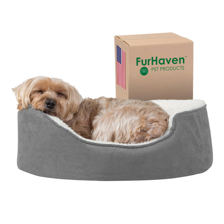 Furhaven Orthopedic Dog Bed for Small Dogs w/ Removable Washable Cover, For Dogs Up to 12 lbs - Sherpa & Suede Oval Lounger - Gray, Small Oval (Orthopedic Base) 19.0"L x 15.0"W x 5.5"Th Sherpa & Suede Gray