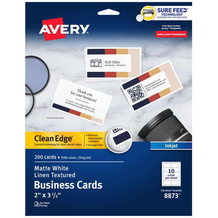 Avery Clean Edge Printable Business Cards with Sure Feed Technology, 2" x 3.5", White Linen Textured, 200 Blank Cards for Inkjet Printers (08873)