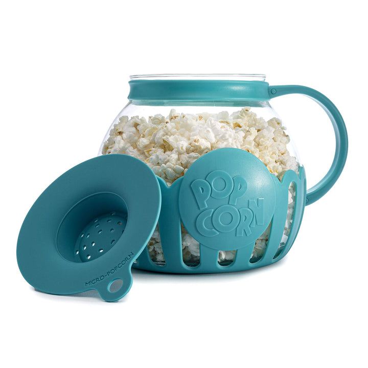 Ecolution Patented Micro-Pop Microwave Popcorn Popper with Temperature Safe Glass, 3-in-1 Lid Measures Kernels and Melts Butter, Made Without BPA, Dishwasher Safe, 3-Quart, Teal 3-Quart Family Size