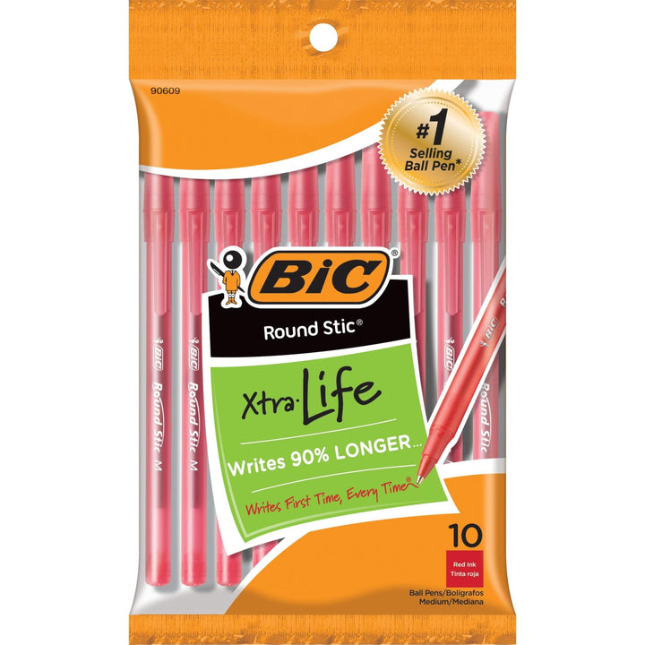 BIC Round Stic Xtra Life Red Ballpoint Pens, Medium Point (1.0mm), 10-Count Pack of Bulk Pens, Flexible Round Barrel for Writing Comfort, No. 1 Selling Ballpoint Pens 10 Count (Pack of 1)