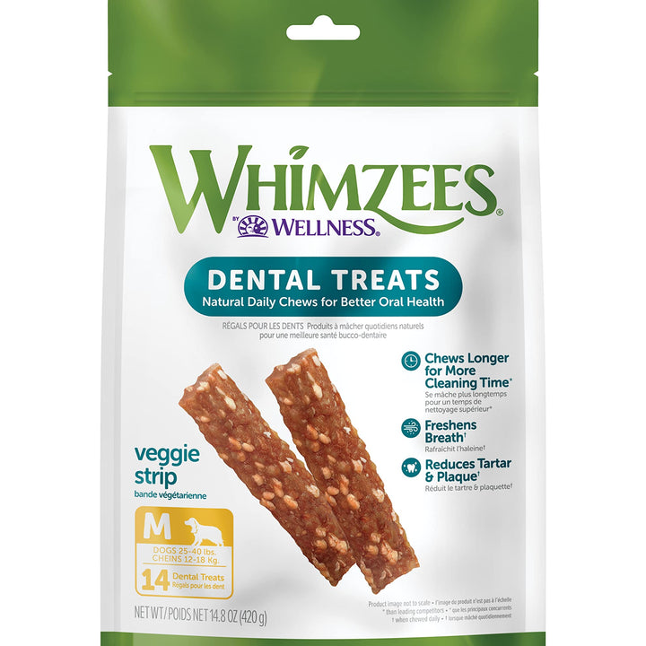 WHIMZEES by Wellness Veggie Strip Natural Dental Chews for Dogs, Long Lasting Treats, Grain-Free, Freshens Breath, Medium Breed, 14 count 1.23 Ounce (Pack of 12)