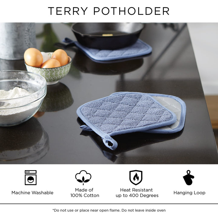 DII Basic Terry Collection Quilted 100% Cotton, Potholder, Storm Blue, 3 Piece