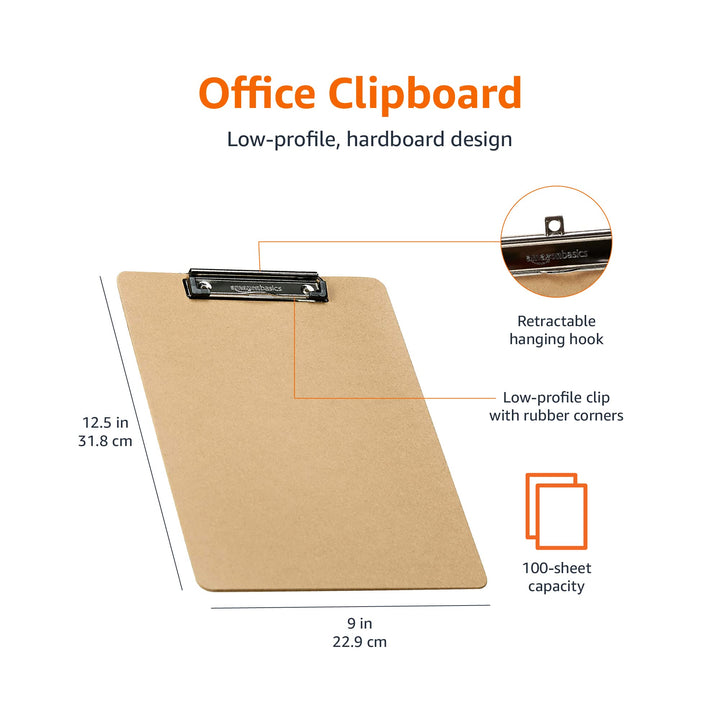 Basics Hardboard Office Clipboard, 6-Pack, Brown