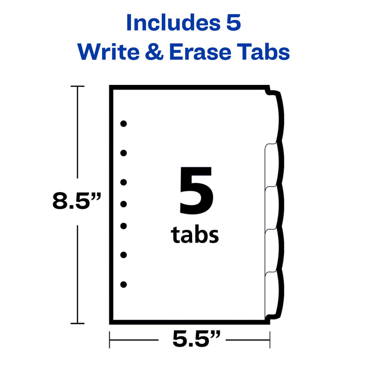 Avery Write & Erase Durable Plastic Mini Dividers for 3 Ring Binders and 7-Ring Binders, 5.5" x 8.5", 5-Tab Set, Multicolor, 1 Set (16180)