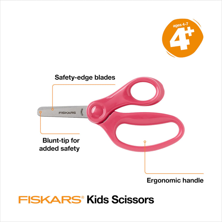 Fiskars 5" Blunt-Tip Scissors for Kids Ages 4-7, Scissors for School or Crafting, Back to School Supplies, Pink Premium Pink Right-Handed