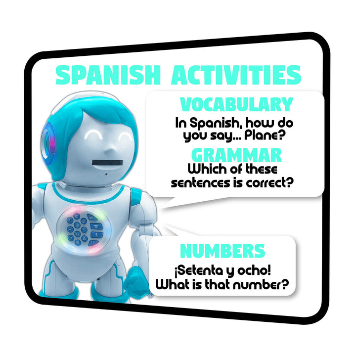 LEXIBOOK Powerman Kid - Educational and Bilingual English/Spanish Robot - Walking Talking Dancing Singing Toy - STEM Programmable Telling Creating Stories - Quizzes Shooting Discs for kids - ROB90US