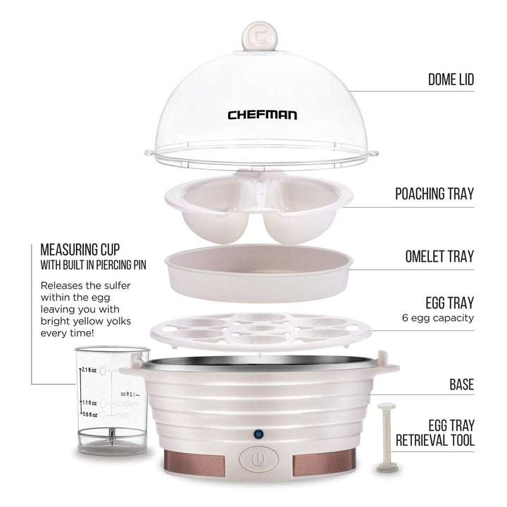 Chefman Electric Egg Cooker Boiler Rapid Poacher, Food & Vegetable Steamer, Quickly Makes Up to 6, Hard, Medium or Soft Boiled, Poaching/Omelet Tray Included, Ready Signal, BPA-Free, Ivory