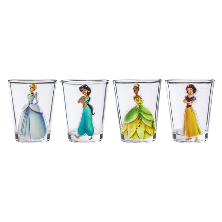 Silver Buffalo Disney Princess Vintage Sketch Mini Glasses 4 Pack Featuring Princess Cinderella, Jasmine, Snow White, and Tiana, 1.5 Ounces Princess Heritage