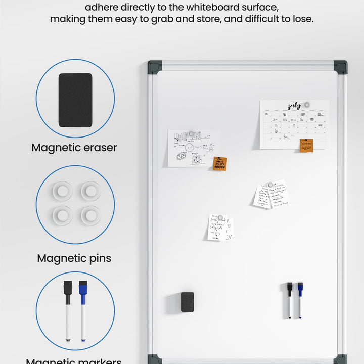 VUSIGN Magnetic White Board Kit for Wall 36" x 24", 1 Dry Eraser & 2 Multicolor Markers & 4 Magnetic Pins, Sliver Reinforced Aluminum Frame for Home, School, Office Silver 36" x 24"