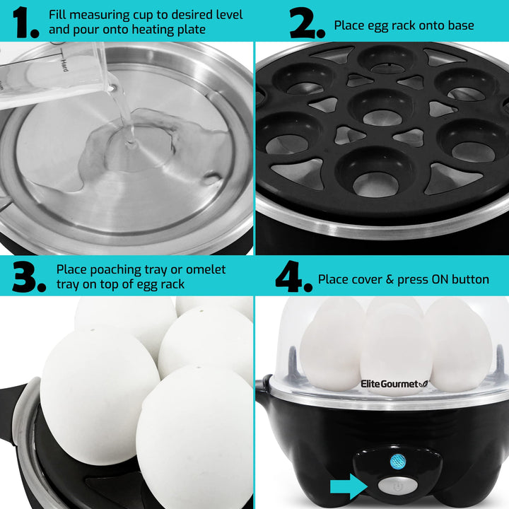 Elite Gourmet EGC-007B# Rapid Egg Cooker, 7 Easy-To-Peel, Hard, Medium, Soft Boiled Eggs, Poacher, Omelet Maker, Auto Shut-Off, Alarm, 16-Recipe Booklet, Black