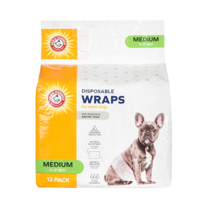 Arm & Hammer For Pets Male Dog Wraps, Medium 12 Ct | Ultra-Absorbent, Adjustable Male Dog Diapers with Leak-Proof Protection & Wetness Indicator | Arm & Hammer Baking Soda Enhanced for Odor Control Male Wraps Medium (12 Count)