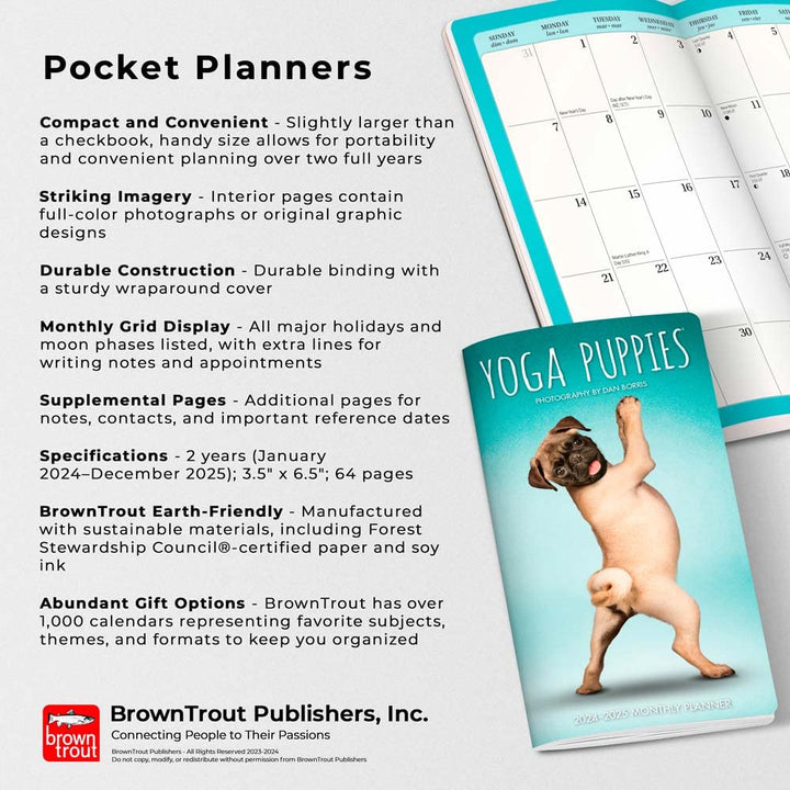 Yoga Puppies OFFICIAL | 2024-2025 3.5 x 6.5 Inch Two Year Monthly Pocket Planner | BrownTrout | Animals Humor Puppy Canine Pets