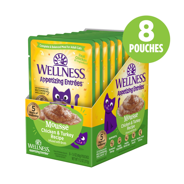 Wellness® Appetizing Entrées™ Mousse Chicken Recipe Infused with Broth Natural Wet Cat Food, 1.4 oz Pouch (Pack of 8) Chicken Mousse 1.4 Ounce (Pack of 8)