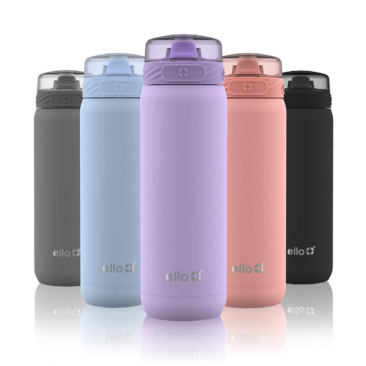 Ello Cooper Stainless Steel Water Bottle with Straw and Carry Handle, Double Walled and Vacuum Insulated Metal, Leak Proof Locking Lid with Soft Silicone Spout, Reusable, BPA Free, 22oz, 32oz, 40oz Lilac