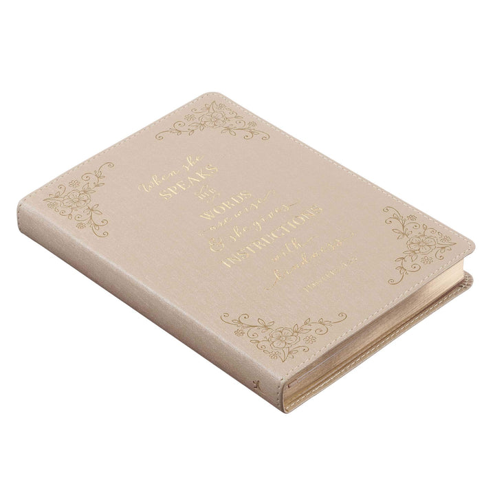 When She Speaks Proverbs 31 Woman Bible Verse Ivory Faux Leather Journal Inspirational Notebook w/Ribbon Marker and Lined Pages, 6 x 8.5 Inches