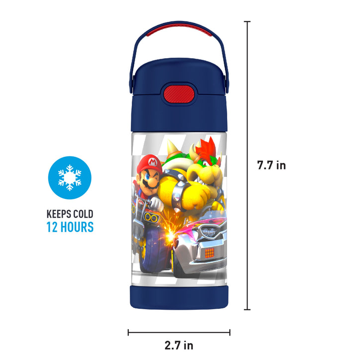 THERMOS FUNTAINER Water Bottle with Straw - 12 Ounce, Super Mario Brothers - Kids Stainless Steel Vacuum Insulated Water Bottle with Lid Licensed Characters