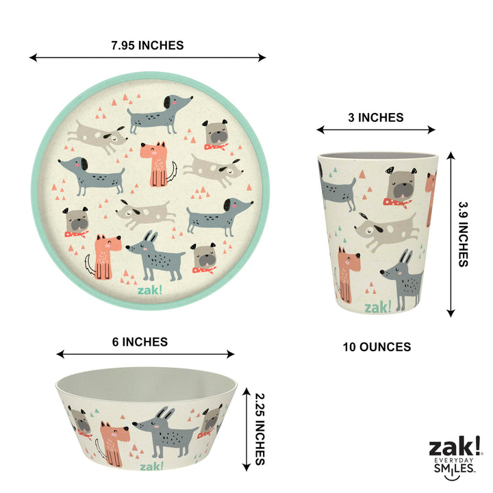 Zak Designs Kids Dinnerware Set 3 Pieces, Durable and Sustainable Melamine Bamboo Plate, Bowl, and Tumbler are Perfect For Dinner Time With Family (Dog) 8" Plate, 6" Bowl, 10oz Tumbler Dog