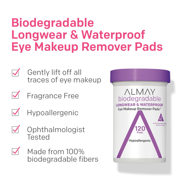 Almay Biodegradable Makeup Remover Pads, Longwear & Waterproof, Hypoallergenic, Fragrance-Free, Dermatologist & Ophthalmologist Tested, 80 count