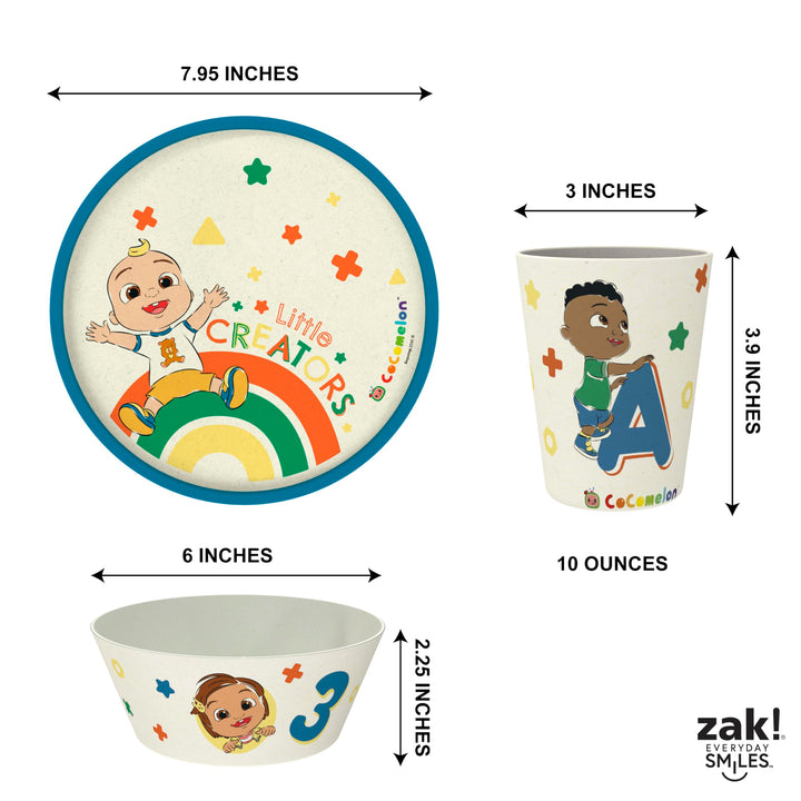 Zak Designs CoComelon Kids Dinnerware Set 3 Pieces, Durable and Sustainable Melamine Bamboo Plate, Bowl, and Tumbler are Perfect For Dinner Time With Family (JJ, Cody, Nina)