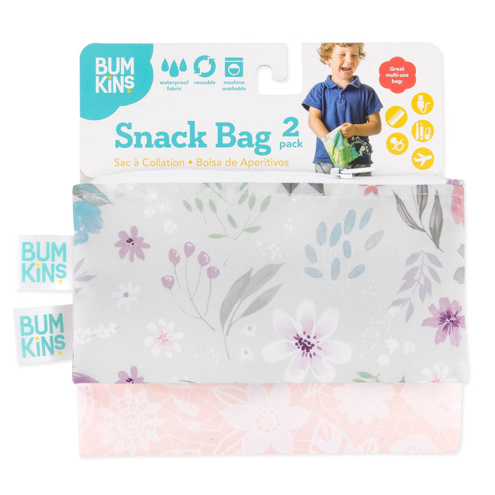 Bumkins Reusable Snack Bags, for Kids School Lunch and for Adults Portion, Washable Fabric, Waterproof Cloth Zip Bag, Supplies Travel Pouch, Food-Safe Storage, 2-pk Floral and Lace Snack Bag 2-pk Floral & Lace-Sm