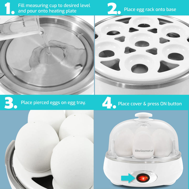 Elite Gourmet EGC322CW Easy Egg Cooker Electric 7-Egg Capacity, Soft, Medium, Hard-Boiled Egg Cooker with Auto Shut-Off, Measuring Cup Included, BPA Free, Classic White