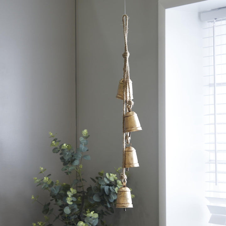 Deco 79 Gold Metal Tibetan Inspired String Hanging Decorative Bells with Jute Hanging Rope 4" x 8" x 52" - Cone 52" x 4" x 8"