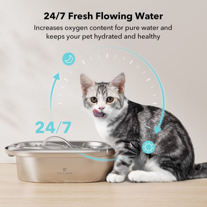 Cat Water Fountain Stainless Steel, 2L & 3L Pet Water Fountain for Cats Inside, Food-Grade Dog Water Fountain, Cat Water Dispenser with Adjustable Water Flow for Cats & Dogs 67oz/2L Stainless Steel Fountain