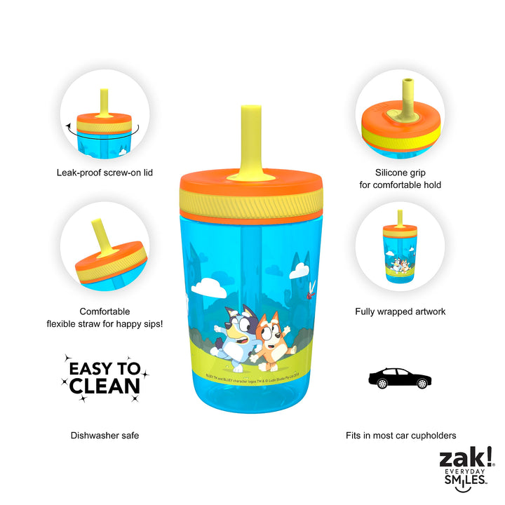 Zak Designs Bluey Kelso Tumbler Set, 15 fl.oz. Leak-Proof Screw-On Lid with Straw, Bundle for Kids Includes Plastic and Stainless Steel Cups with Bonus Sipper, 3pc Set, Non-BPA Classic