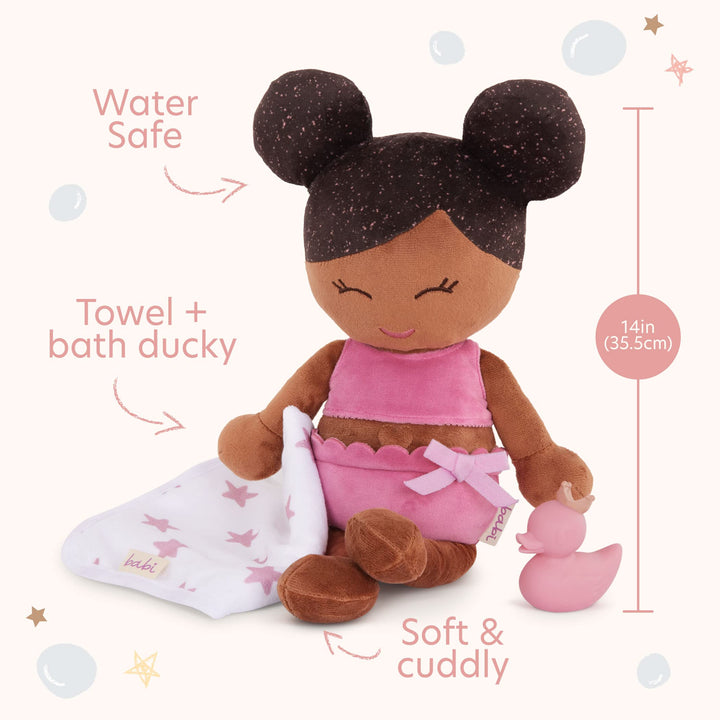 LullaBaby – 14-inch Water-Safe Bath Doll – Warm Skin Tone & Dark-Brown Hair – Toddler Bath Toys – Towel & Bath Ducky Accessories – Kids Ages 2 & Up – Bath Doll – Warm Skin Tone & Dark-Brown Hair Brown Hair - Girl